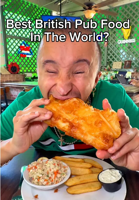 British Open Pub in Bonita Springs showing food, fish and chips, prime rib sandwich, video by jshock9nine on TikTok