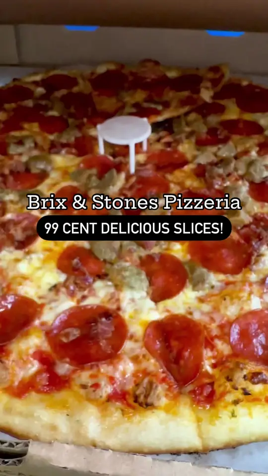 Brix & Stones Pizzeria in Atlanta showing pizza, pepperoni pizza, cheese pizza, wings, bbq bacon burger, video by servinglooksatl on TikTok