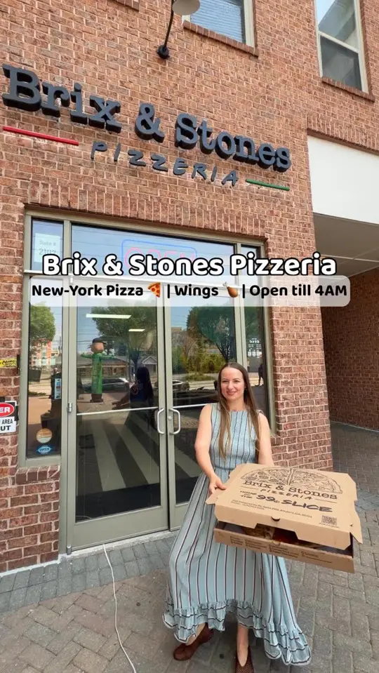 Brix & Stones Pizzeria in Atlanta showing pizza, new york-style pizza, wings, butter chicken pizza, buffalo chicken pizza, jamaican jerk pizza, video by The.travel.ksu on Facebook