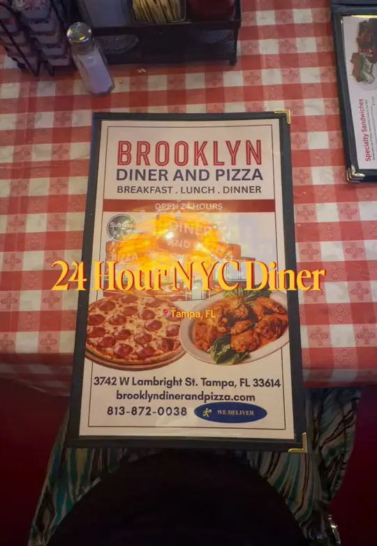 Brooklyn Diner and Pizza in Tampa showing review, visit, pizza, calzones, wings, pastas, desserts, video by amber.himmel on TikTok