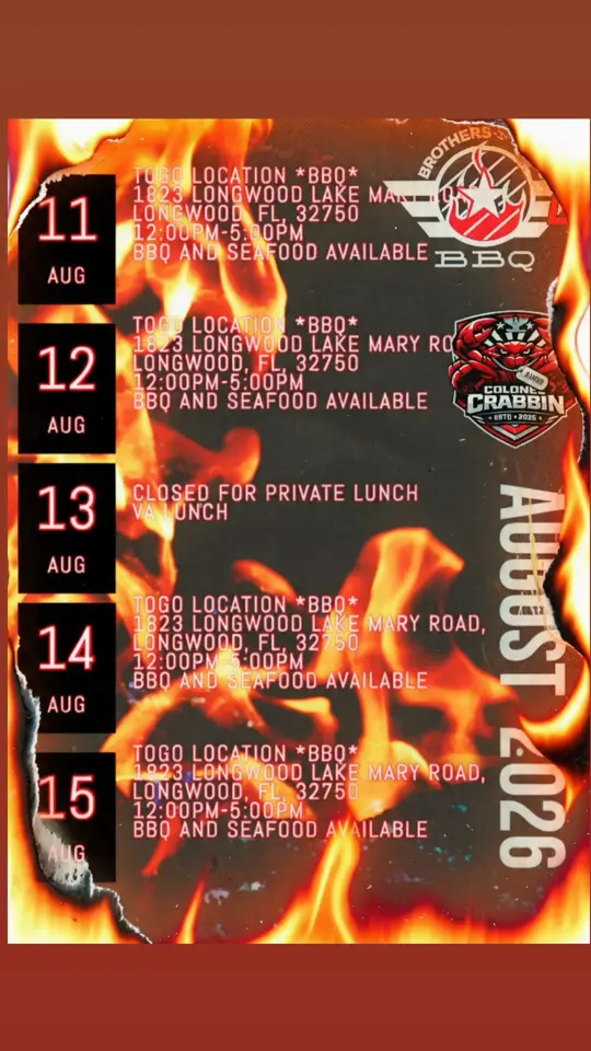 Brothers-N-Arms BBQ in Longwood showing weekly schedule, smokehouse favorites, video by Brother's N Arms BBQ on Facebook