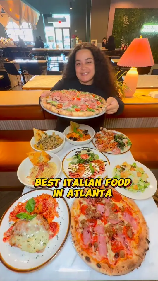 Bucatini Ristorante in Dunwoody showing carbonara, bucatini, seafood pasta, bruschetta, pizza, video by gourmetangiie on Facebook
