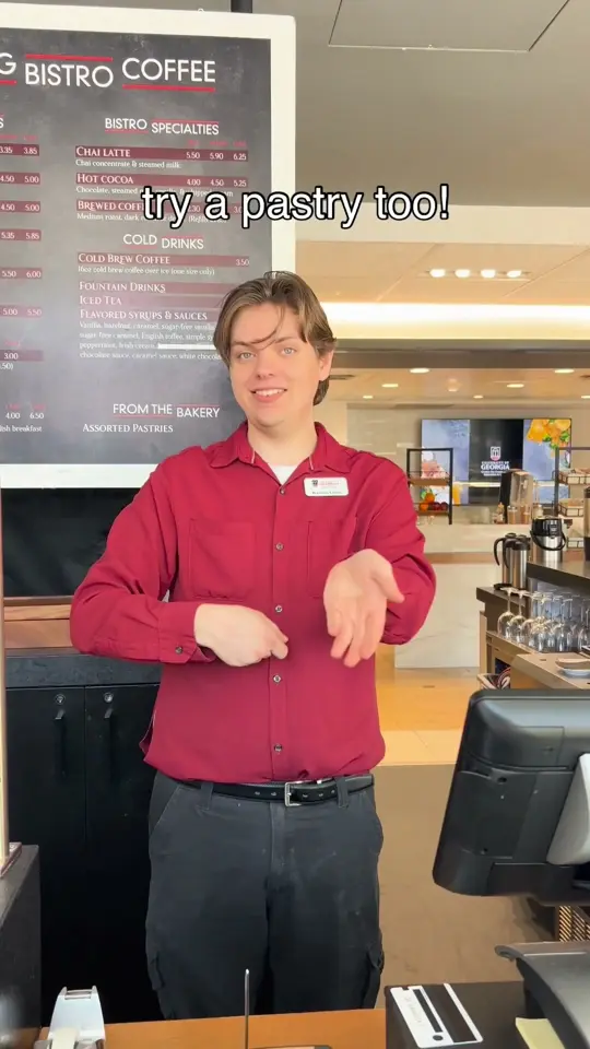 Bulldog Bistro in Athens showing drink, strawberry matcha, pastry, video by University of Georgia Center for Continu on Facebook