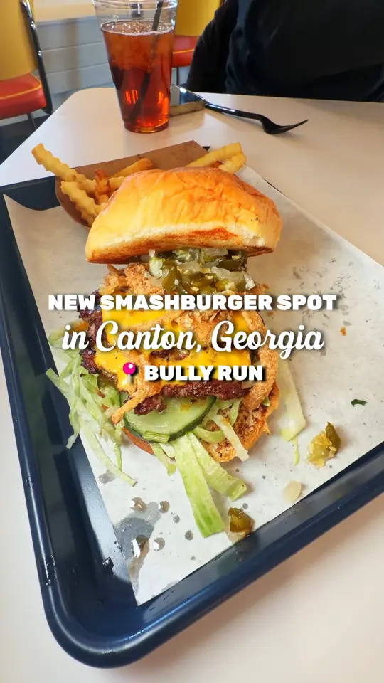 BULLY RUN Smash Burgers and Milk Shakes in Canton showing food, smashburger, food, milkshake, atmosphere, dog-friendly outdoor seating, video by Explore Canton GA on Facebook