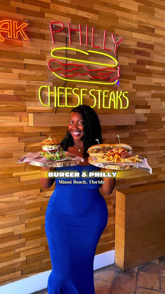Burger and Philly in Miami Beach showing review, visit, burger, salmon burger, vegan burger, hot dog, nachos, wings, onion rings, craft beer, cheesesteak, video by theashsarai on TikTok