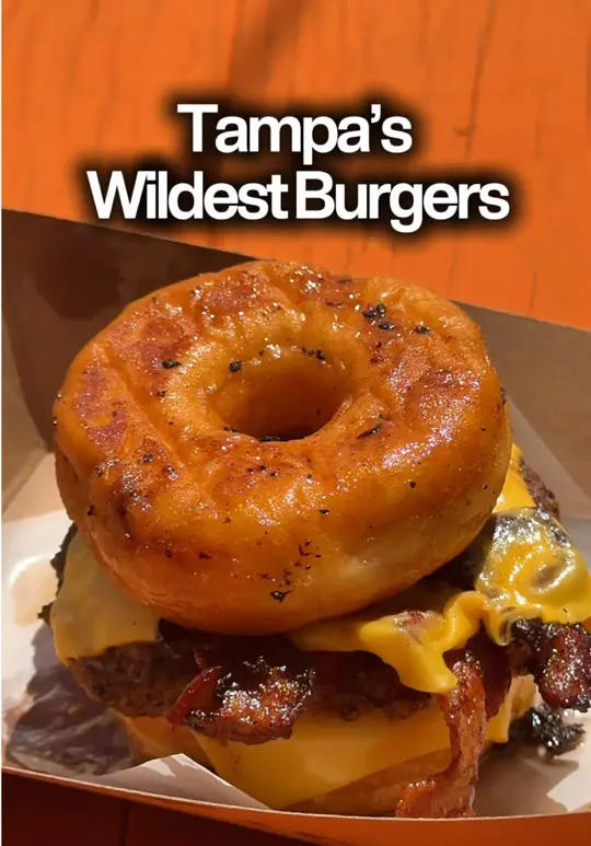 Burger Culture Lutz in Tampa showing breakfast burger, waffle stack burger, doughnut burger, mac n cheese burger, street burger, video by eatlocalflorida on TikTok