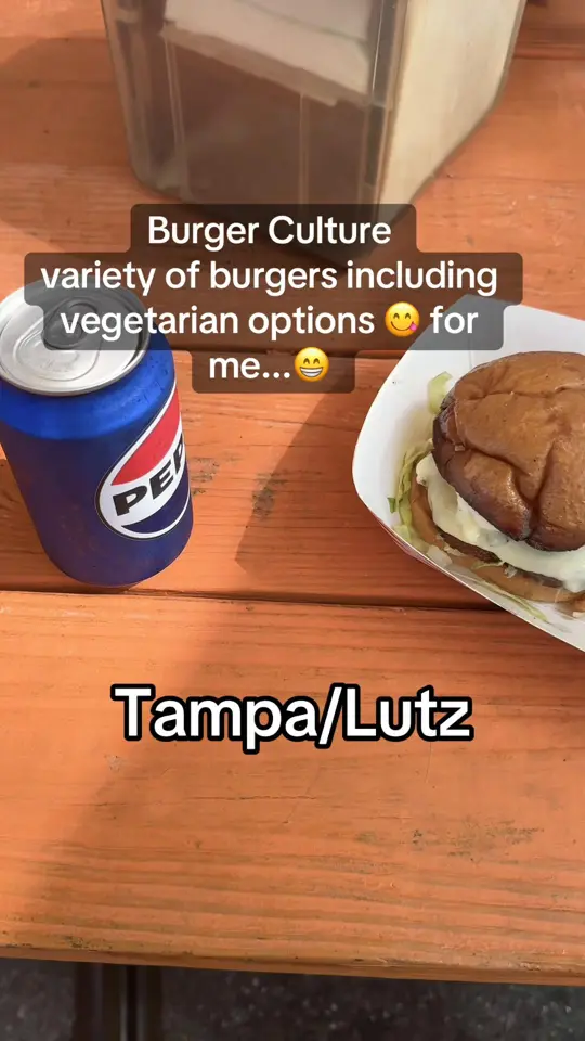 Burger Culture Lutz in Tampa showing burger, vegetarian favorites, food truck visit, video by pascotampavibes on TikTok