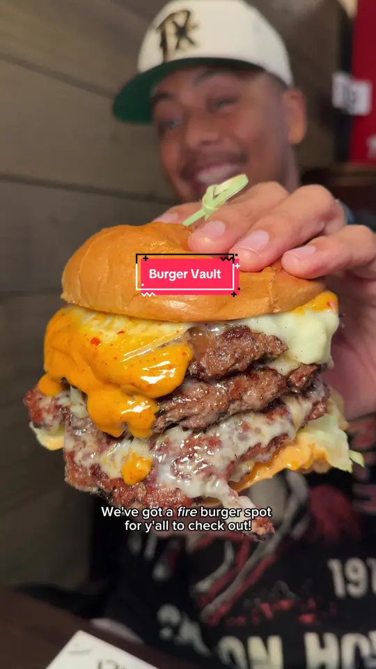 Burger Vault - Tampa in Temple Terrace showing burger, juicy burger, video by foodpeopleluv on TikTok