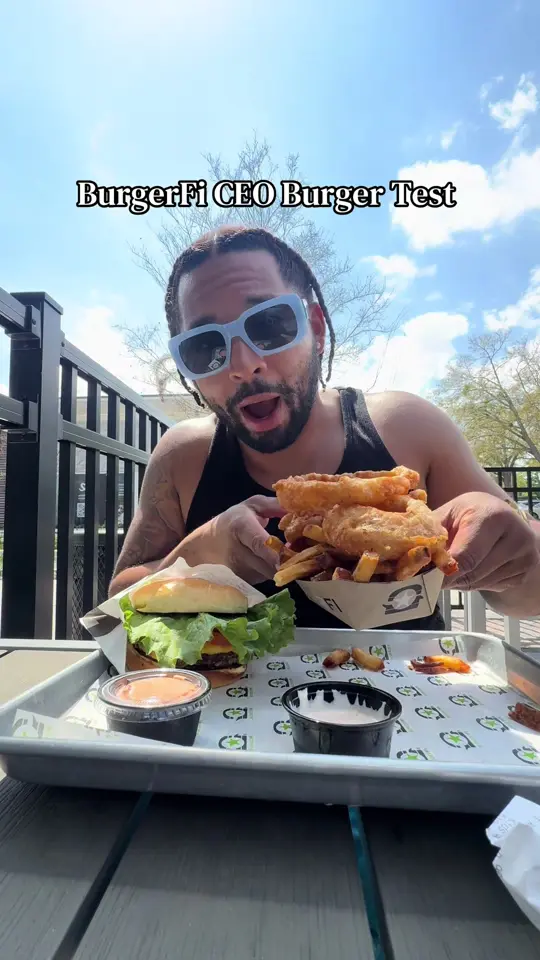 Burgerfi in Fort Myers showing burger, onion rings, video by kerrymyworld on TikTok