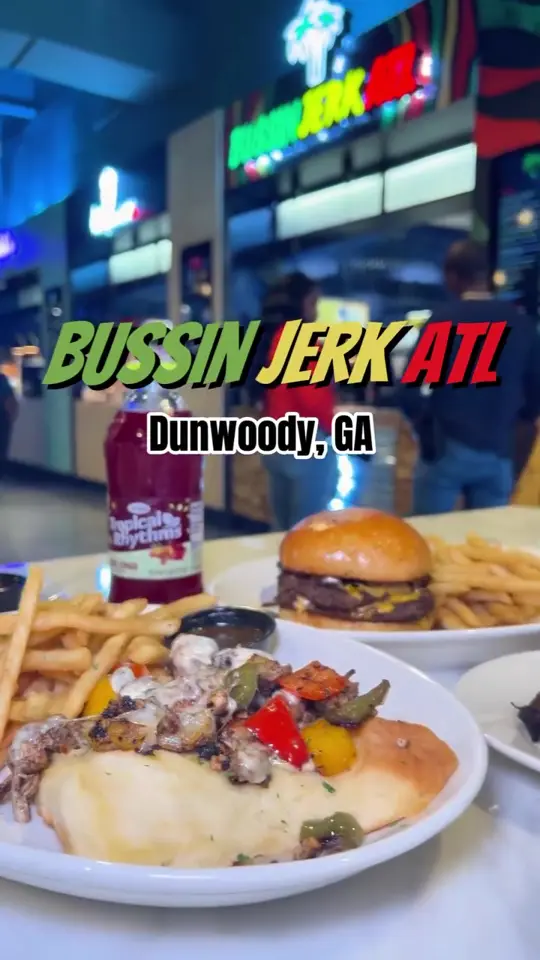 Bussin Jerk ATL in Dunwoody showing food, bussin wings, food, oxtail egg roll, video by discoverdunwoody on TikTok