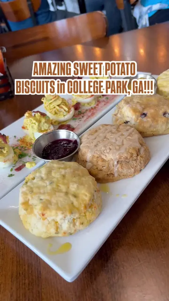 Buttermilk Biscuit in Atlanta showing review, sweet potato biscuit, pancakes, video by atlantafoodguy on TikTok
