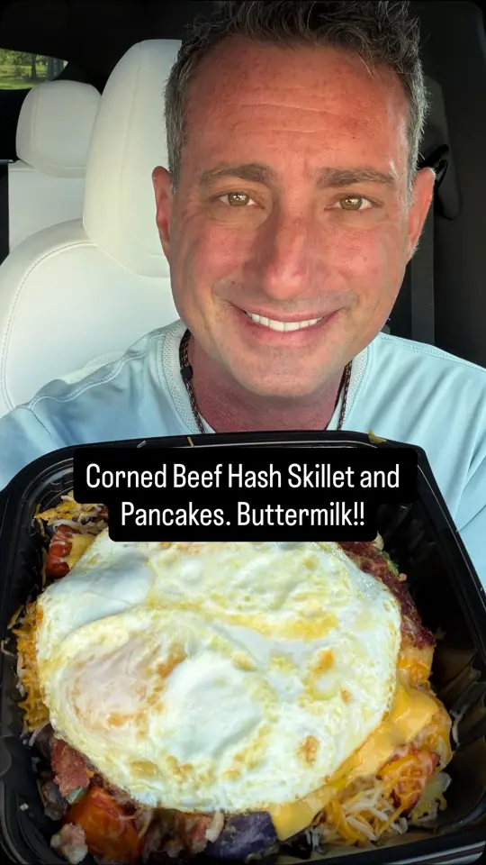 Buttermilk Eatery in Pinellas Park showing review, corned beef hash skillet, pancakes, video by Foodie Justice on Facebook