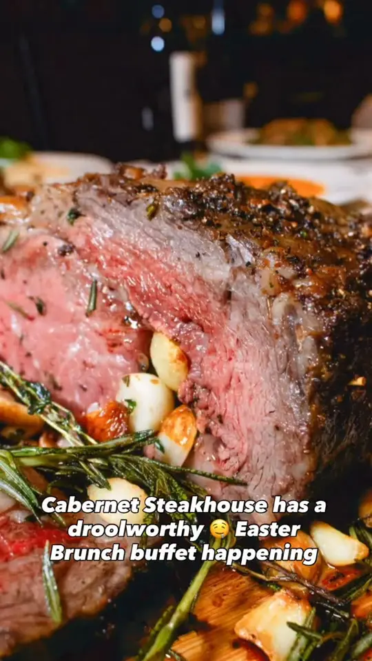 Cabernet Steakhouse in Alpharetta showing brunch, buffet, rack of lamb, prime rib, roasted chateaubriand, glazed ham, video by Atlanta Eats on Facebook