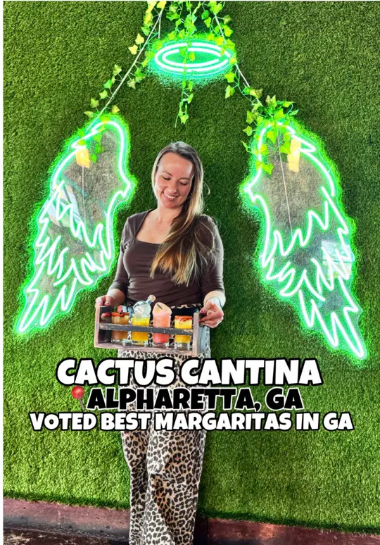 Cactus Cantina Tacos & Tequila Bar in Alpharetta showing visit, birria pizza, birria ramen, cactus special, costras tacos, don julio margarita flight, watermelon margarita tower, video by the.travel.ksu on TikTok