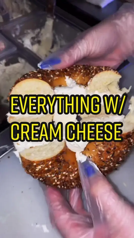 Cafe Bagel in Venice showing food, everything bagel with cream cheese, video by cafebagelvenice on TikTok