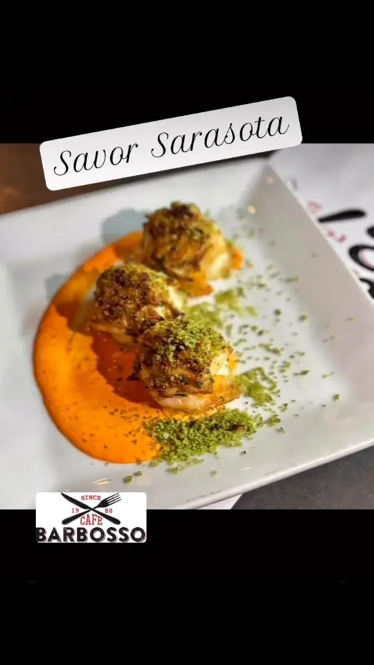 Cafe Barbosso in Sarasota showing menu, appetizers, cucumber salad, peach & burrata, grandma’s meatballs, tempura brussel sprouts, fig gorgonzola flatbread, stuffed shrimp, video by Cafe BarBosso on Facebook