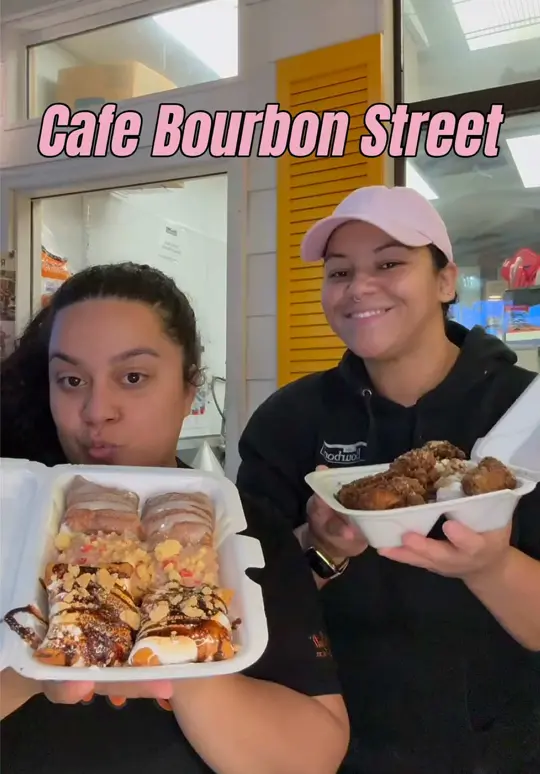 Cafe Bourbon St. in Marietta showing food, crawfish étouffée, chicken and beignets, gumbo, jambalaya eggs rolls, bourbon st wing, shrimp basket, shrimp po boy, s’mores, video by gourmetangiie on TikTok