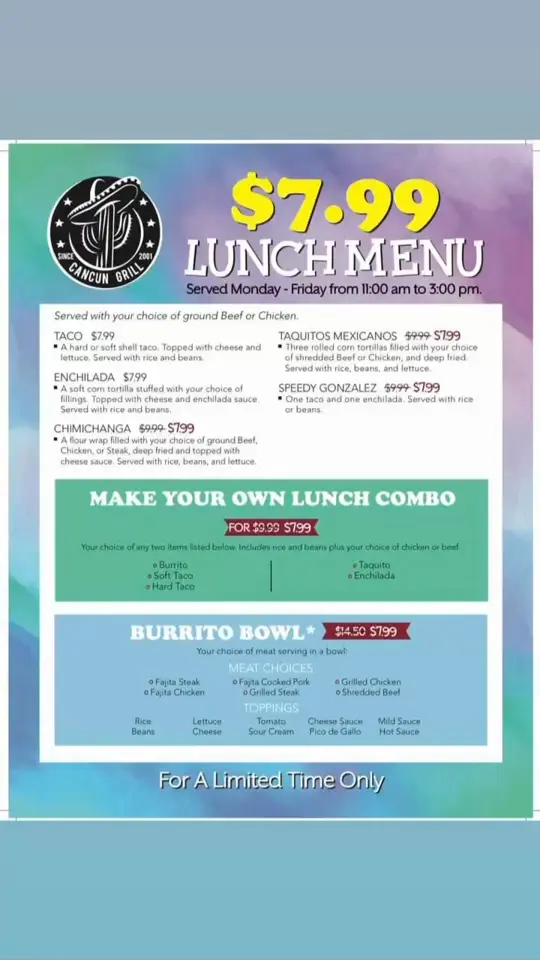 Cafe Cancun Bar & Grill in Murrayville showing lunch menu, $7.99 price, video by Cancun Grill on Facebook
