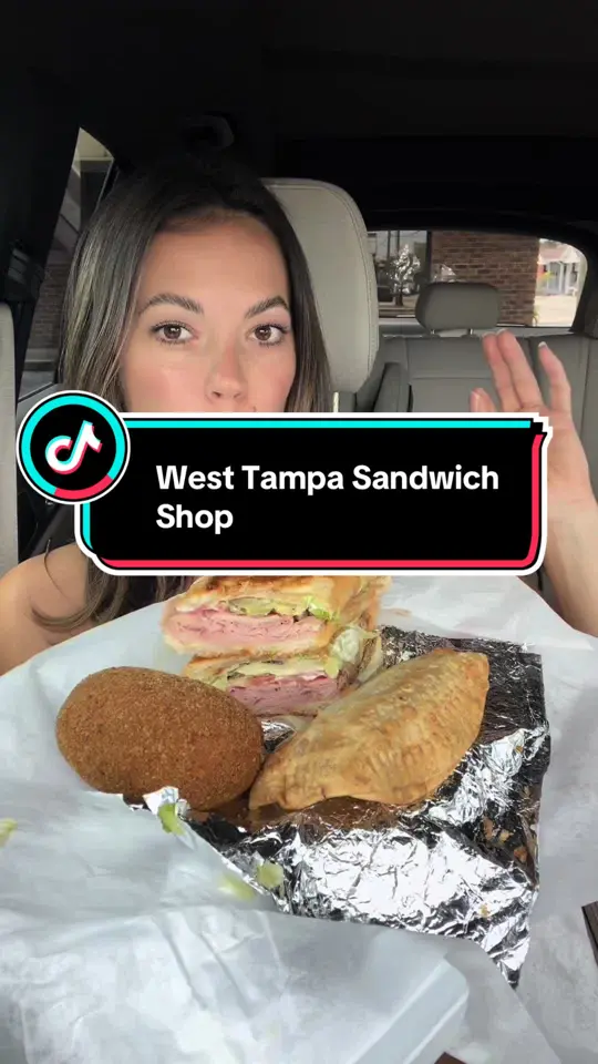 Cafe Caribe in Tampa showing cuban sandwich, deviled crab, video by eatdrinkbemandy on TikTok