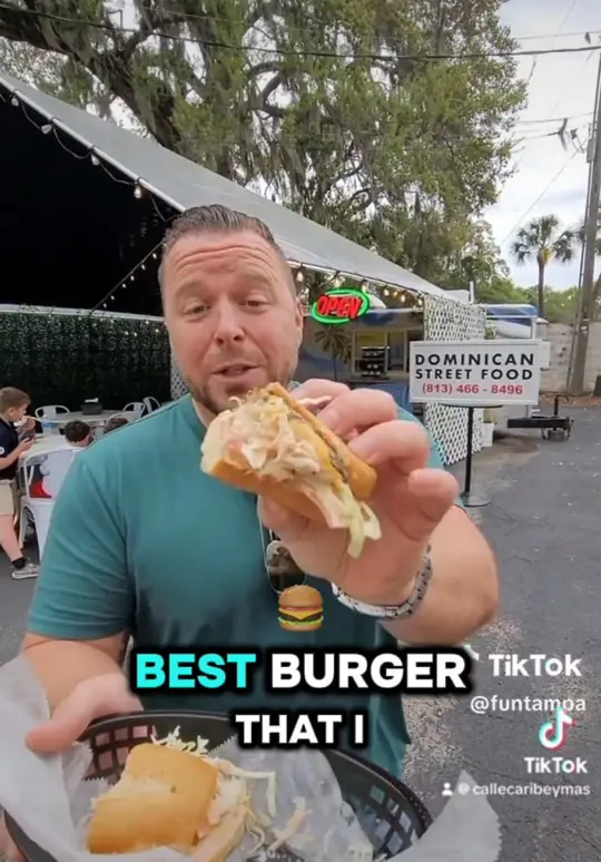 Cafe Caribe in Tampa showing review, chimi burger, video by callecaribeymas_ on TikTok