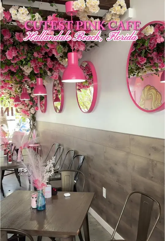 Cafe in Hallandale Beach showing cafe, pink themed atmosphere, instagrammable places, video by hotgirlfoodies on TikTok