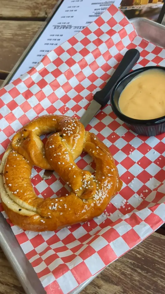 Cafe International in Helen showing food, reuben / food, pretzel / drink, beer cheese, video by ohanaadventurestravel on TikTok
