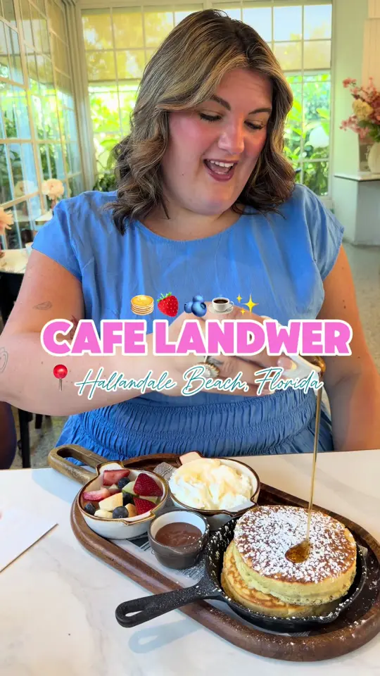 Cafe Landwer in Hallandale Beach showing food, landwer’s pancakes, drinks, nutella iced latte, atmosphere, video by mangiawithtay on TikTok