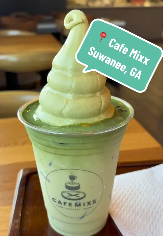 Cafe Mixx in Suwanee showing food, korean special breakfast burrito / drink, matcha float, video by seoul.of.the.south on TikTok