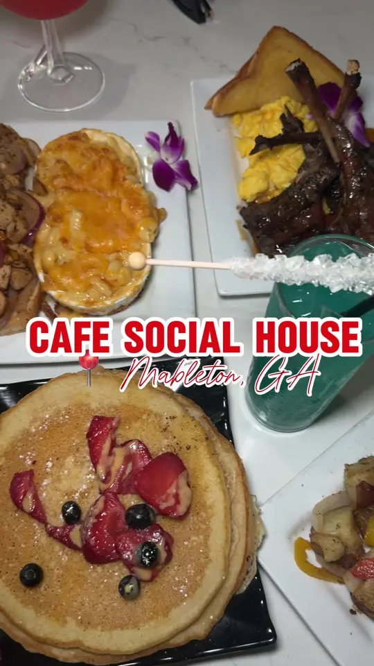 Cafe Social House in Mableton showing review, crab cakes, fried green tomatoes, lemon pepper wings, pancake platter, breakfast potatoes, video by twocentsliyah on TikTok