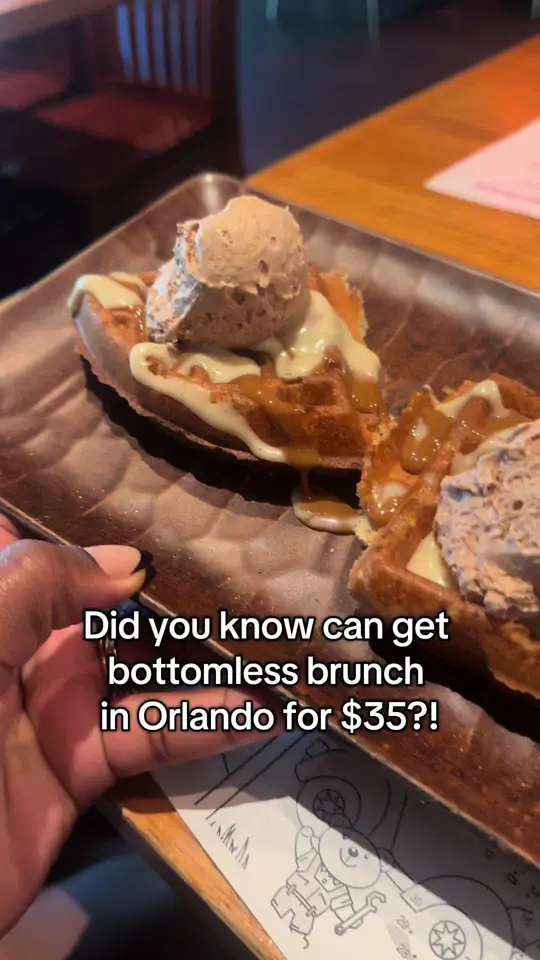 Cafe Tu Tu Tango in Orlando showing brunch, churro waffles, video by thatmagicaltravelfam on TikTok