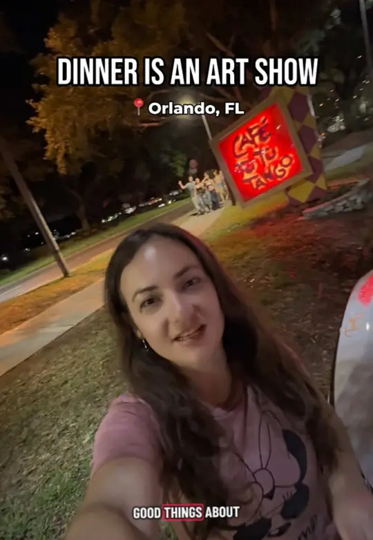Cafe Tu Tu Tango in Orlando showing review, visit, pepperoni pizza, dynamite shrimp, cajun chicken egg rolls, cuban sliders, sesame steak skewers, guava bread pudding, video by momvibesnicole on TikTok