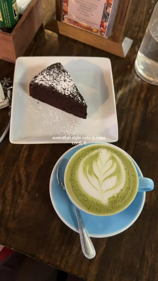 Cafe You in Cape Coral showing cafe, chocolate avocado cake, hot matcha latte, almond milk, honey, dinner events, video by skylerjaade on TikTok
