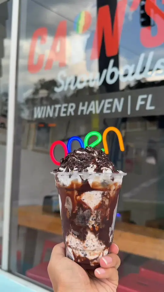 in Florida showing food, cookies & cream sundae, video by Cain’s Snowballs on Facebook