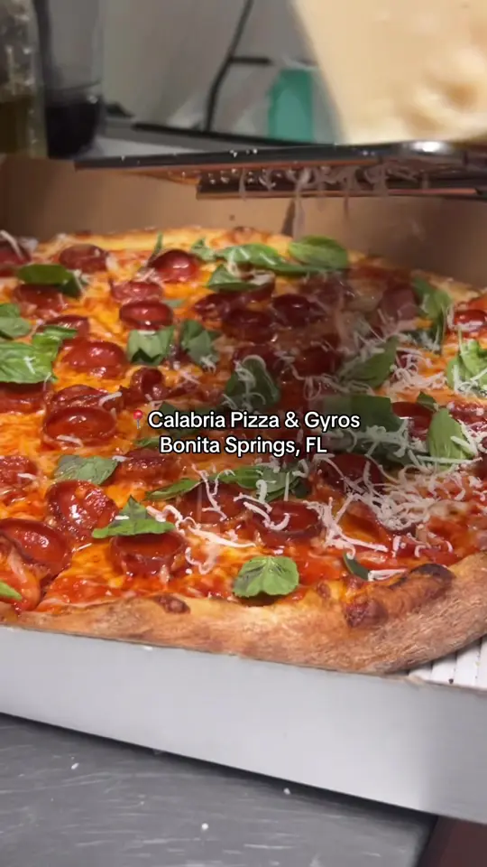 Calabria Pizza & Gyros in Bonita Springs showing pizza, visit, video by chefmuzaoffical on TikTok