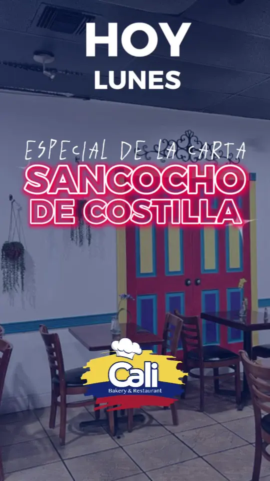 Cali Bakery & Restaurant in Coral Springs showing food, sancocho de costilla, pollo en salsa, video by calibakeryrest on TikTok