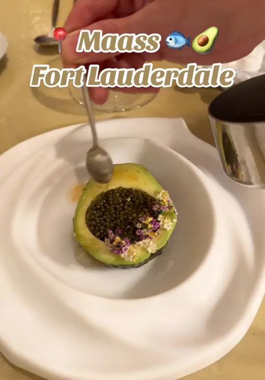 Calusso in Fort Lauderdale showing review, avocado stuffed with caviar, turbot, video by sophiaonamission on TikTok