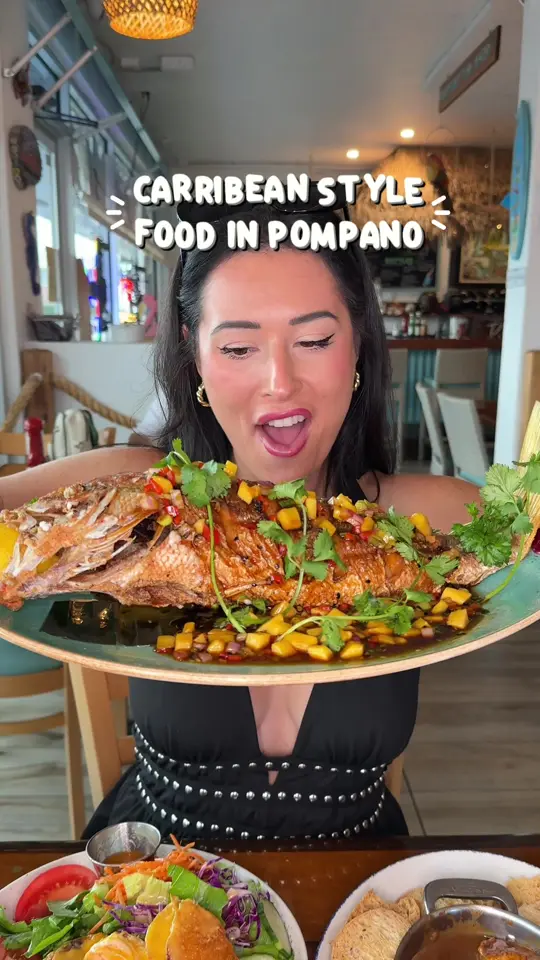 Calypso in Pompano Beach showing review, fried snapper, shrimp dish, video by sydney.austinn on TikTok