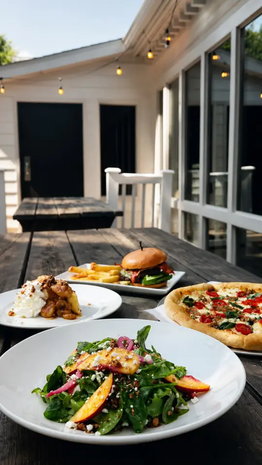 Camps Kitchen and Bar in Marietta showing grilled ga peach salad, swiss out burger, slice-slice baby pizza, bananas foster cheesecake, blue ridge breeze, trail lemonade, sunset paddle, video by Camps Kitchen and Bar on Facebook