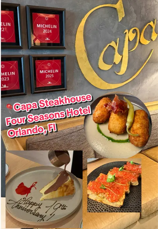 Capa in Golden Oak showing review, anniversary dinner, tapas, desserts, sunset views, fireworks, video by wheresthefood_montalvo on TikTok