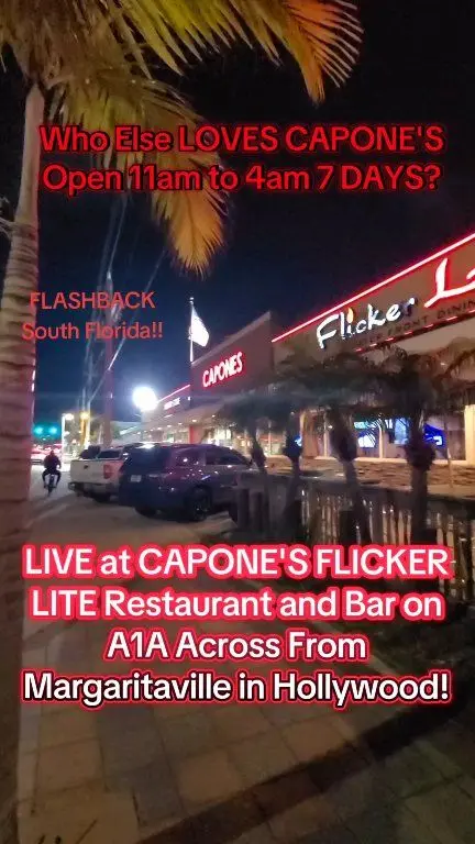 Capone's Flicker Lite Pizza & Raw Bar in Hollywood showing pizza, chicago style pizza, restaurant visit, bar atmosphere, video by Flashback South Florida - Memories and M on Facebook