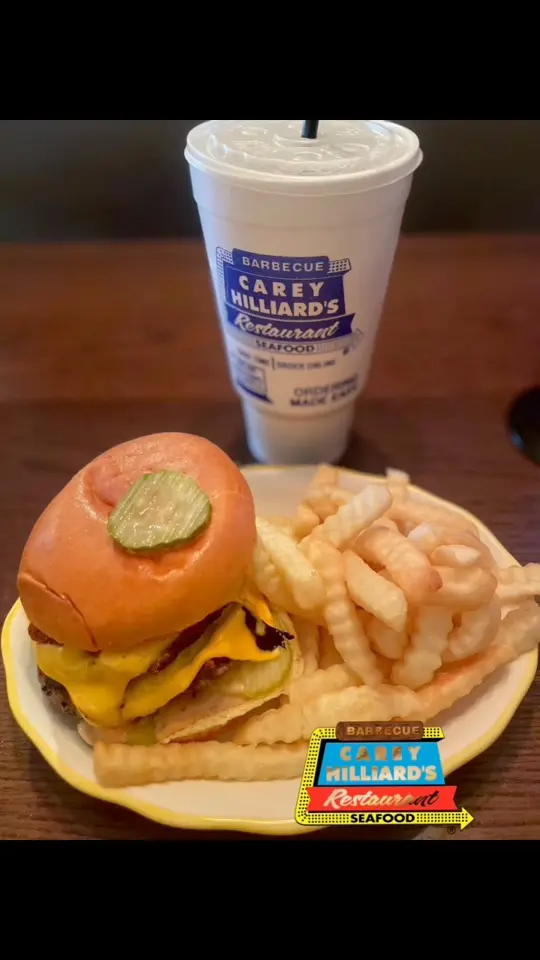 Carey Hilliard's Restaurant in Savannah showing food, smash burger, video by Sherica Snowden on Facebook
