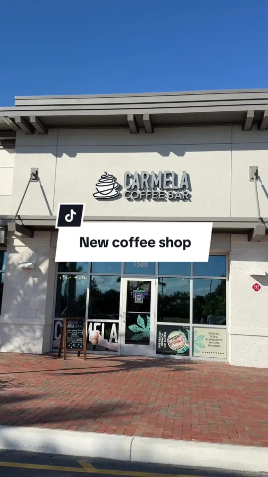 Carmela Coffee - Stuart in Stuart showing coffee, iced latte; coffee, caramel macchiato; tea, chai tea latte; food, breakfast avocado toast; pastry, almond croissant; food, traditional shakshuka, video by perovane_ on TikTok