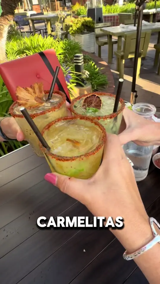 Carmelita's Mexican Restaurant in Pinellas Park showing cocktail, margarita / restaurant visit, carmelitas mexican restaurant / atmosphere, patio view / food, coastal mexican food, video by ocfoodiegirl on TikTok