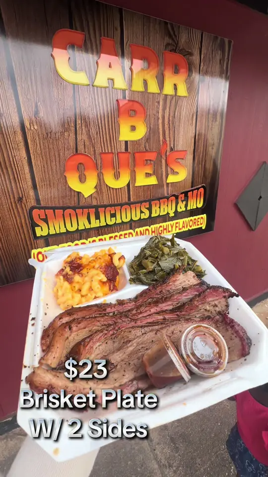 CARR B QUE'S in Stockbridge showing review, brisket plate, collard greens, mac and cheese, grilled chicken, baked beans, video by sirraheatz on TikTok