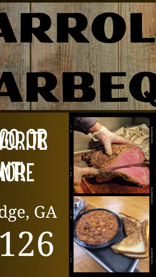 Carroll's Barbeque in Blue Ridge showing barbecue, slow-smoked meats, classic sides, video by Wagon Wheel Media, LLC on Facebook