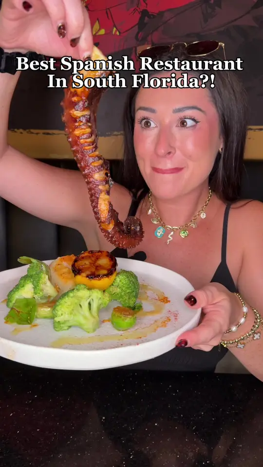 Casa España Tapas Y Vinos in Pembroke Pines showing review, visit, galician-style octopus, garlic shrimp casserole, ham croquettes, seafood paella, jumbo shrimp, crème brûlée, santiago cake, video by sydney.austinn on TikTok