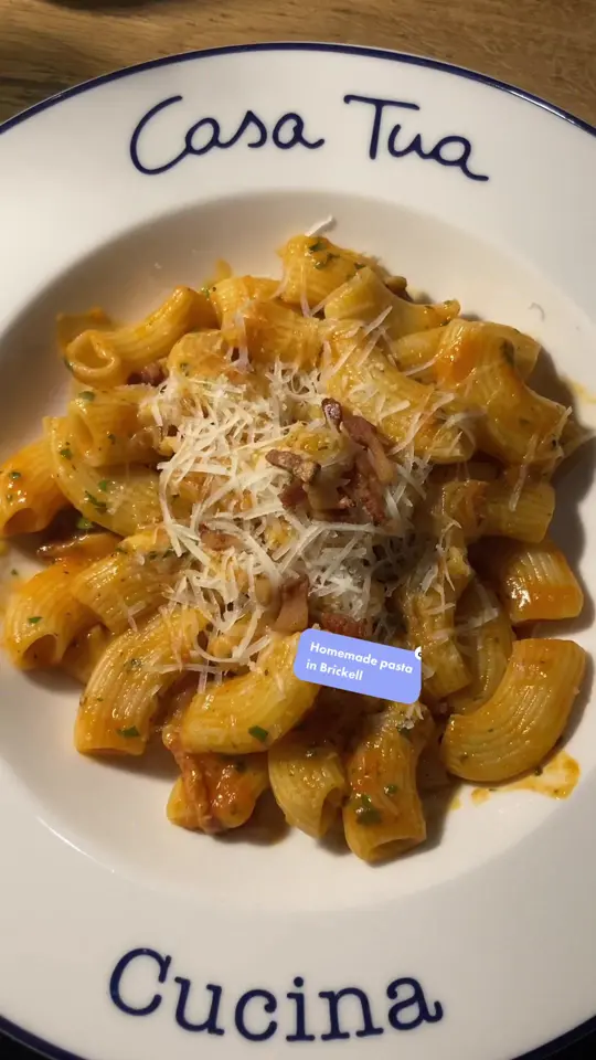 Casa Tua Cucina Brickell in Miami showing restaurant visit, pasta, video by bites.n.bevs on TikTok