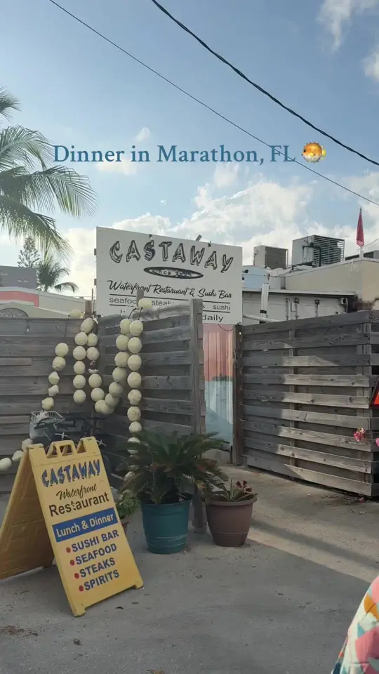 Castaway Waterfront Restaurant & Sushi Bar in Marathon showing dinner, buff n bleu oysters, king of the jungle sushi roll, rainbow sushi roll, lobster mac n cheese, hogfish shrimp & scallop stuffed, golden tile, key lime pi, video by jngarz on TikTok