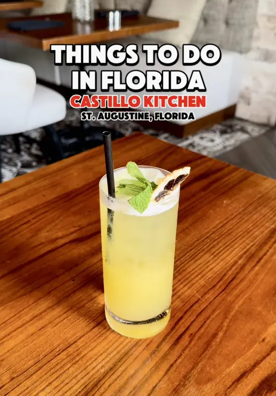 Castillo Craft Bar + Kitchen in St. Augustine showing review, bison burger, datil + cranchero wings, caesar del castillo, house-made crab cakes, lavender grove sour, strawberry fields spiritz, tourist trap, video by laurynxtravels on TikTok