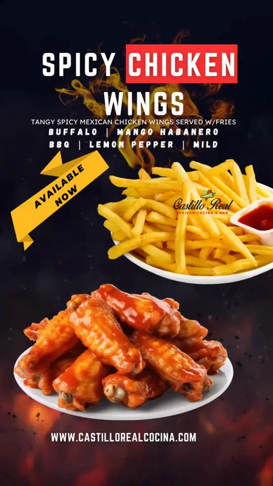 Castillo Real Mexican Cocina & Bar in McDonough showing food, spicy chicken wings, video by Castillo Real Mexican Cocina & Bar on Facebook
